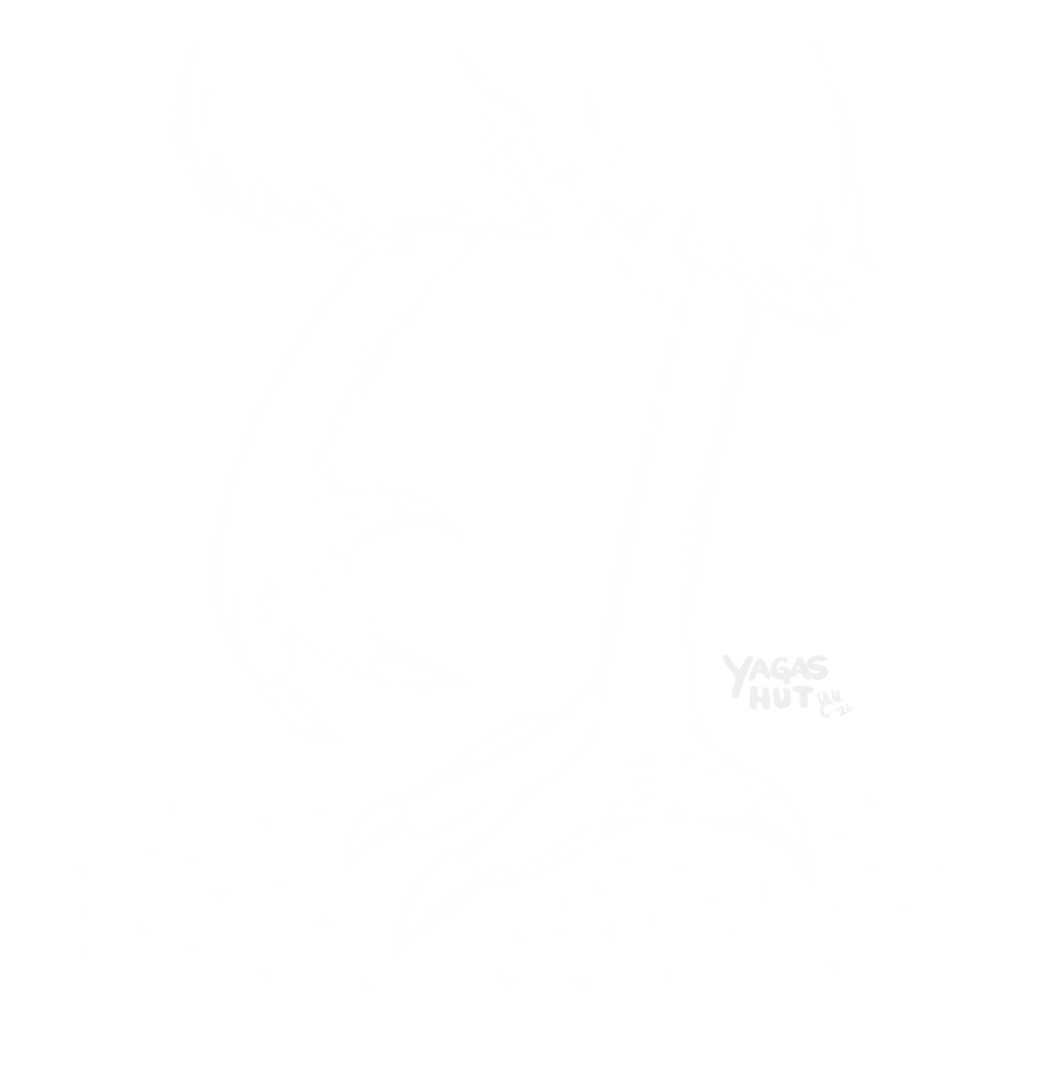 Line illustration of Baba Yaga&rsquo;s hut on chicken legs, encircled by a fence of bones crowned with skulls &ndash; the moving dwelling of the Slavic forest witch