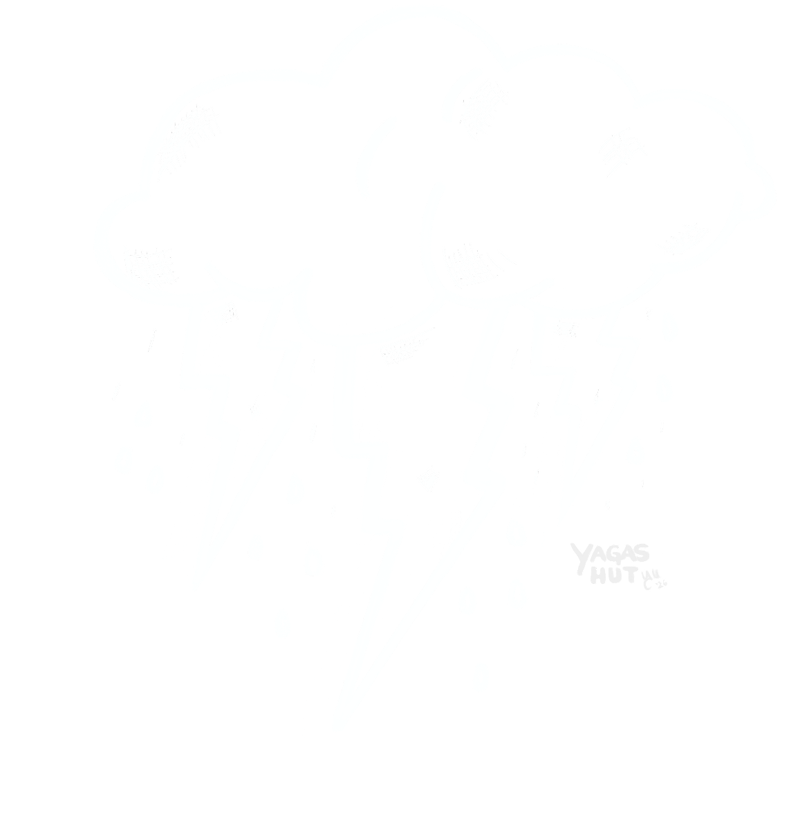 Line illustration of dark storm clouds crackling with lightning and pouring rain – the skies stirred by Perun’s passage