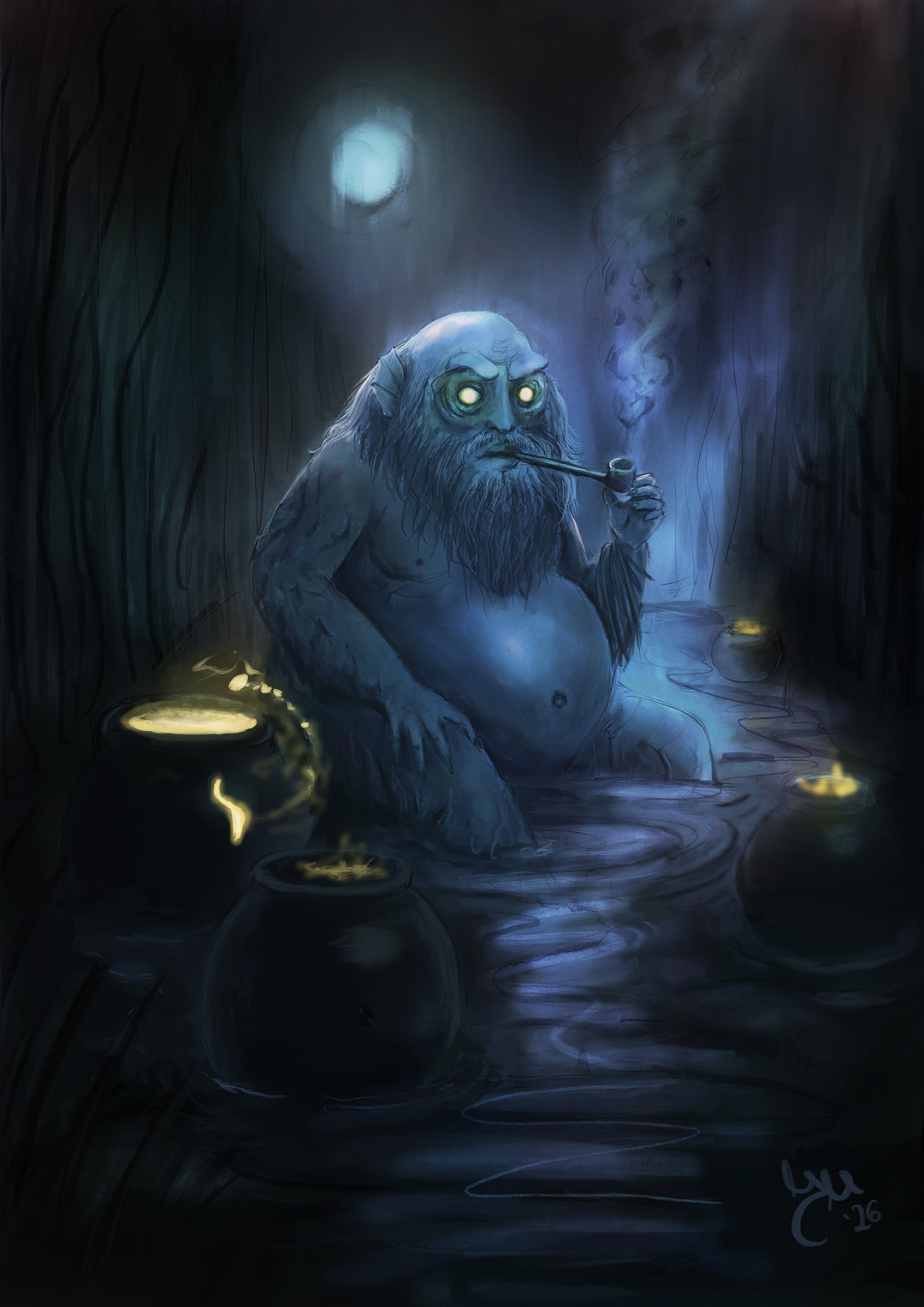 Vodyanoy, a Slavic water spirit, sitting in dark water with glowing eyes and a pipe, surrounded by submerged pots and shadow.