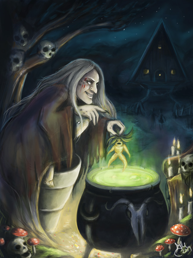 Baba Yaga, a witch from Slavic folklore, depicted stirring a glowing cauldron in a dark forest, with her hut standing in the background among skulls and candles.
