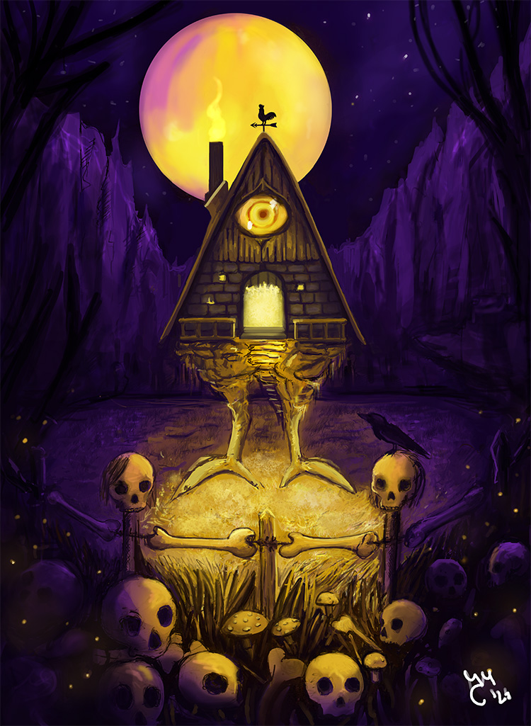 Baba Yaga’s hut, a magical house on chicken legs from Slavic folklore, standing in a dark forest surrounded by skulls under a glowing moon.