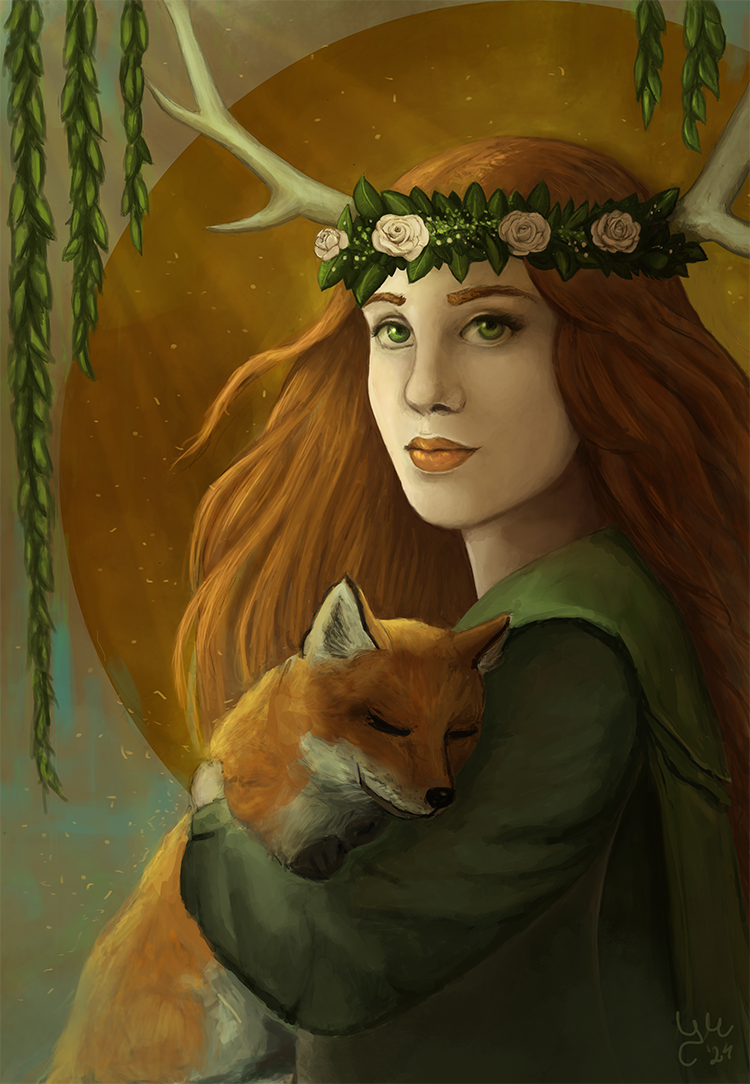 Devana, Slavic goddess of the wild and hunt, depicted as a red-haired woman with antlers and a flower crown, holding a fox in a forest setting with warm golden light.