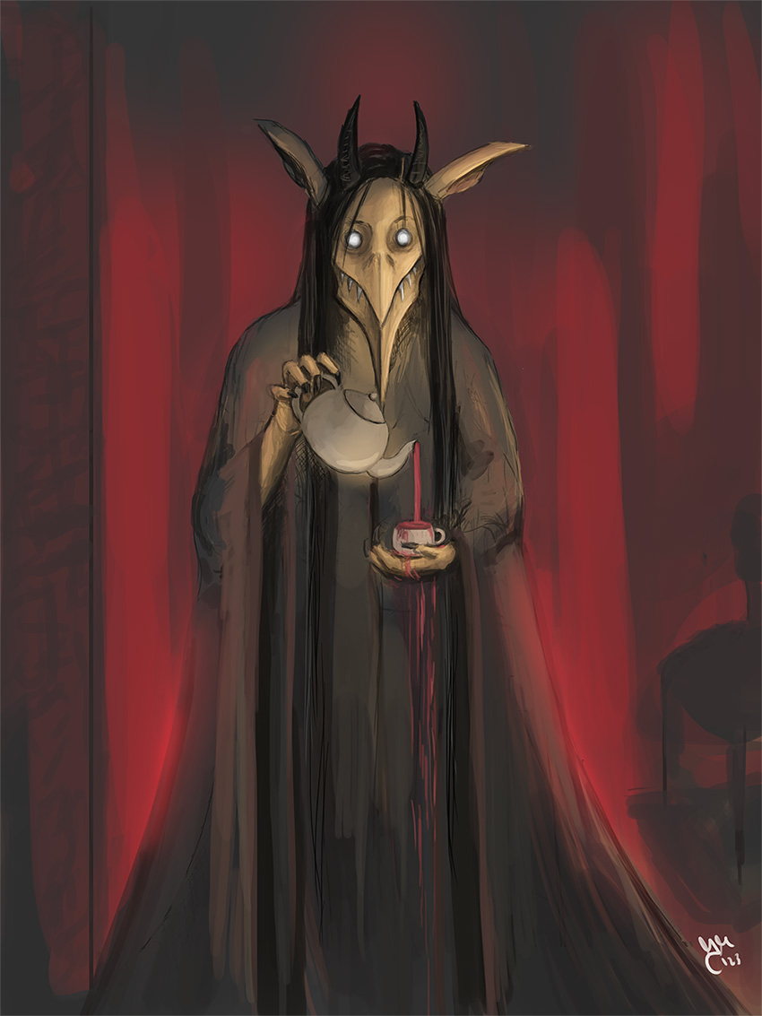 Kikimora, a dark Slavic folklore spirit depicted as a horned figure with an elongated beak-like face, pouring tea from a cup in a shadowy red-lit interior.