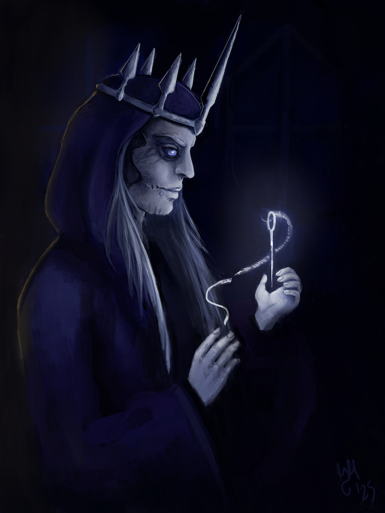 Koschei the Deathless, a figure from Slavic mythology, holding a glowing needle that contains his soul.