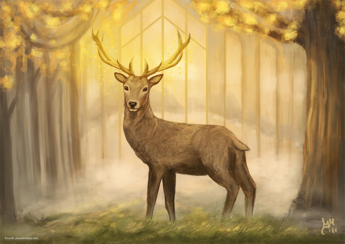 Kresnik, a Slavic mythological hero and protector, depicted as a stag standing in a golden forest filled with light and mist.