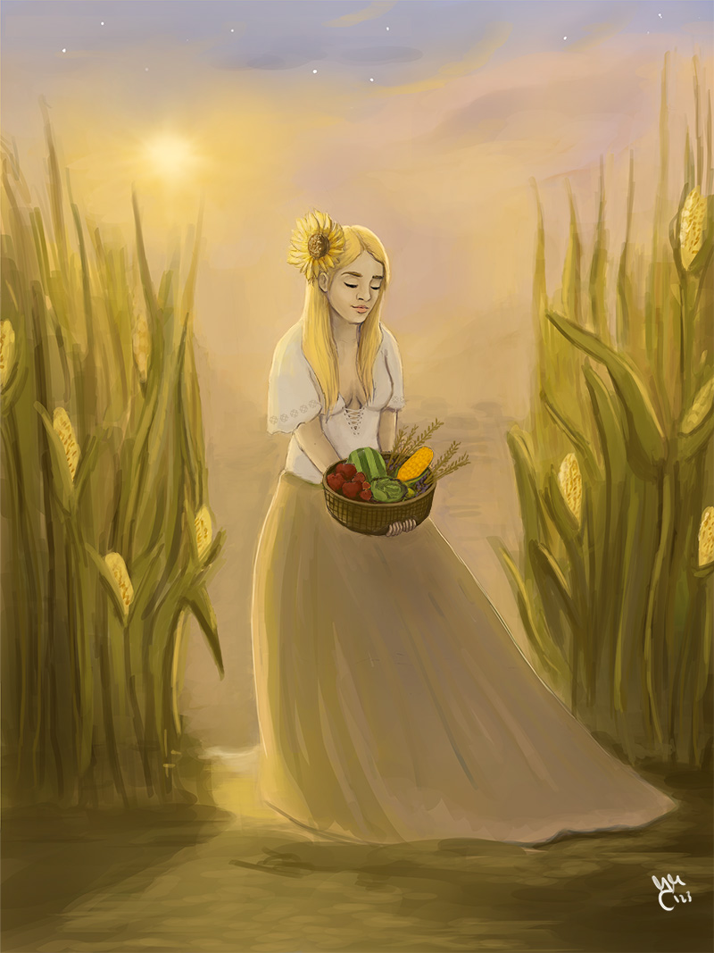 Lada, Slavic goddess of beauty and fertility, depicted as a young woman in a golden field holding a basket of harvest under warm sunlight.