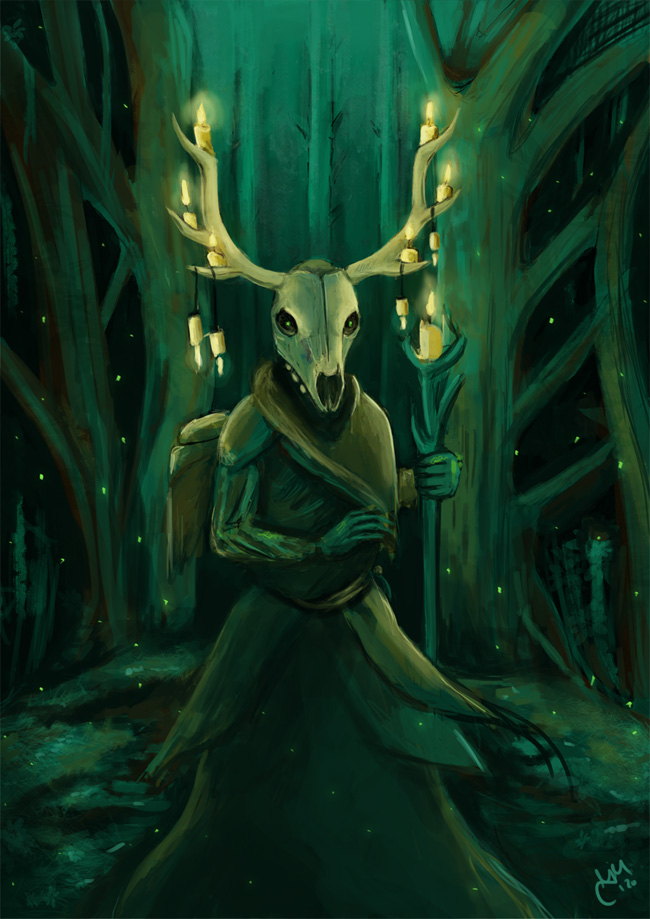 Leshy, a Slavic forest spirit and guardian, depicted as a horned figure with a skull-like face, holding a staff and standing among dark trees with candles placed along its antlers.