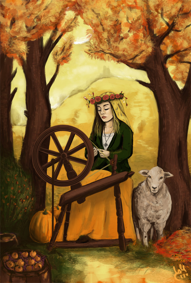 Mokosh, Slavic goddess of fertility and weaving, depicted as a woman spinning thread on a wheel in an autumn landscape with a sheep beside her.