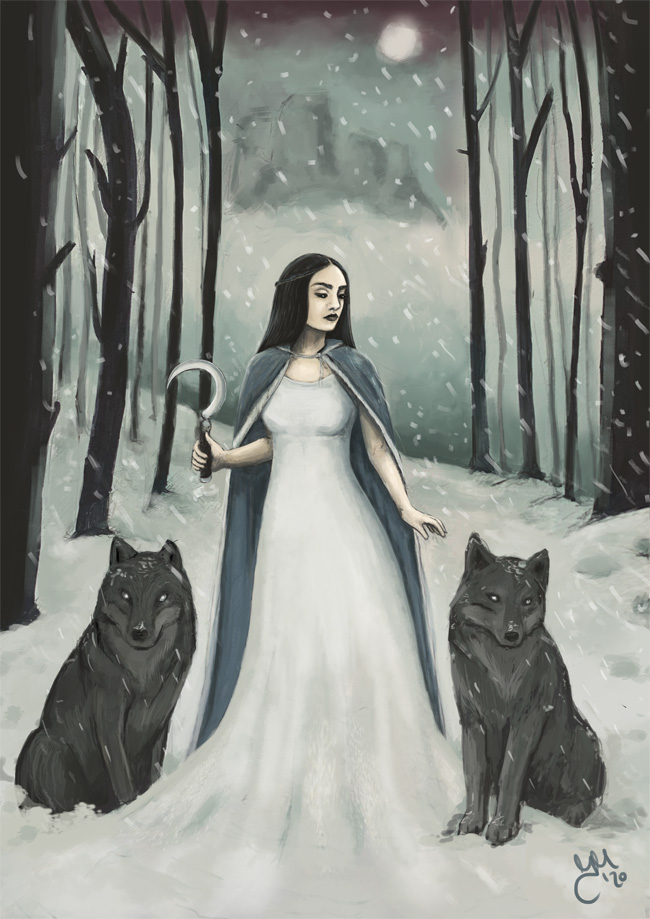 Morana, Slavic goddess of winter and death, depicted as a woman in a snowy forest holding a sickle, accompanied by two wolves under falling snow.