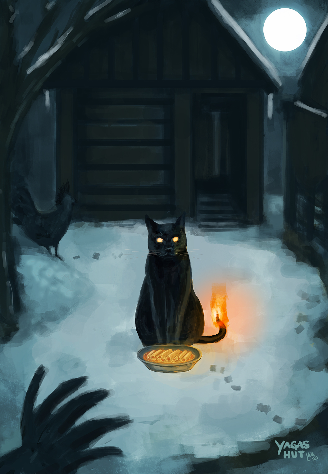 Ovinnik, a Slavic household spirit of barns and hearths, depicted as a dark cat with glowing eyes and a burning tail, sitting in a snowy farmyard at night.