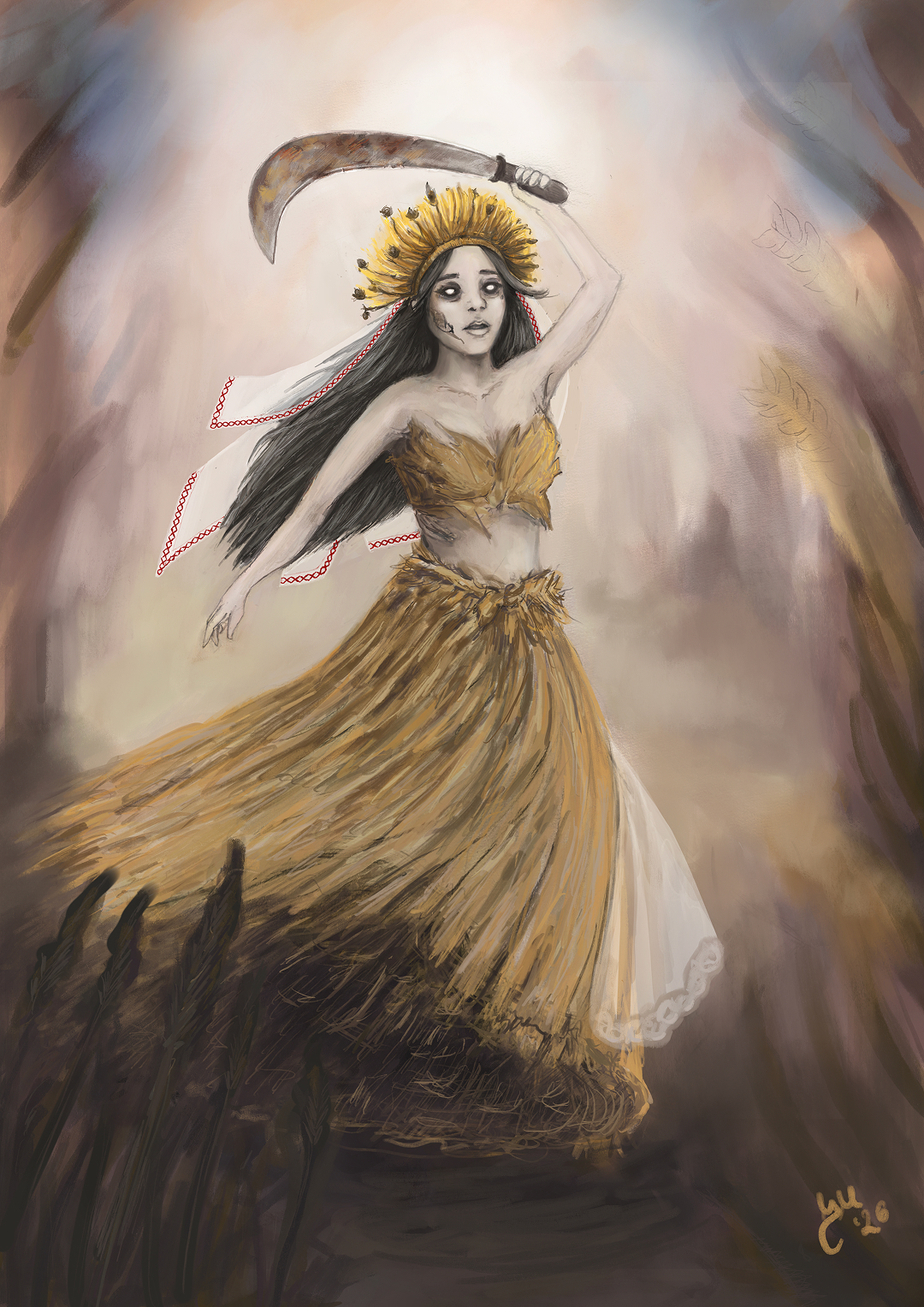 Poludnica, a Slavic field spirit, dancing through a sunlit wheat field with a sickle, her dress flowing in the heat.