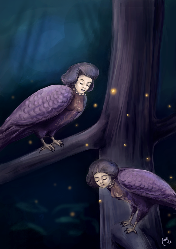 Alkonost, a mythical bird-woman from Slavic folklore, perched on tree branches in a glowing night forest with soft golden lights around her.