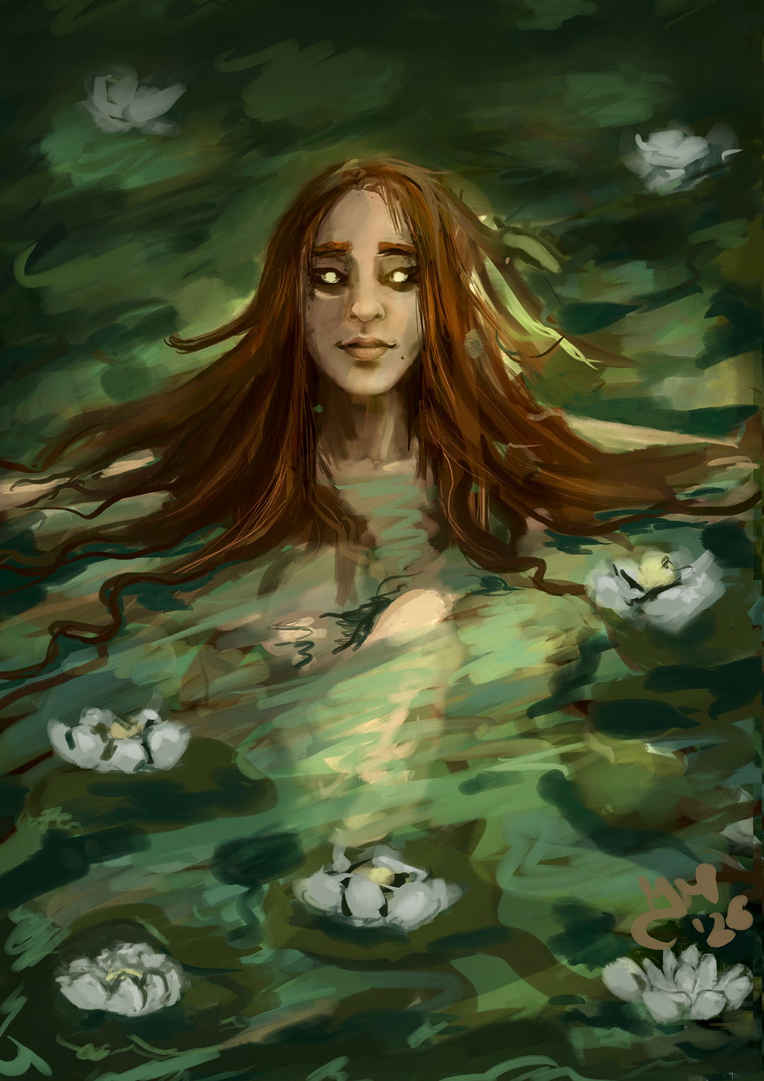 Rusalka, a Slavic water spirit, emerging from green water with long flowing hair and glowing eyes, surrounded by floating white flowers.