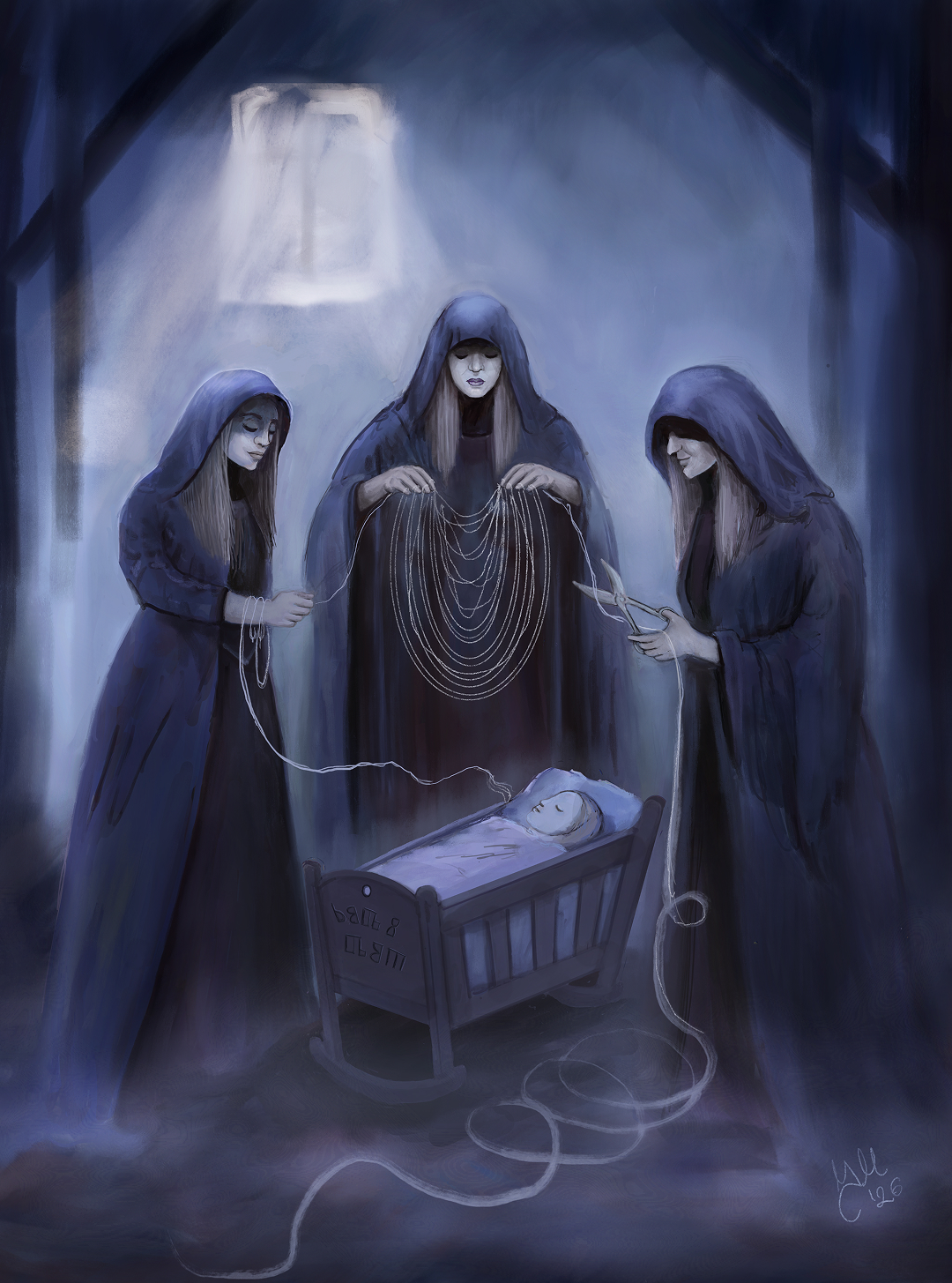 The Suđenice, Slavic fate spirits, standing around a newborn child and weaving threads of destiny in a dimly lit room.