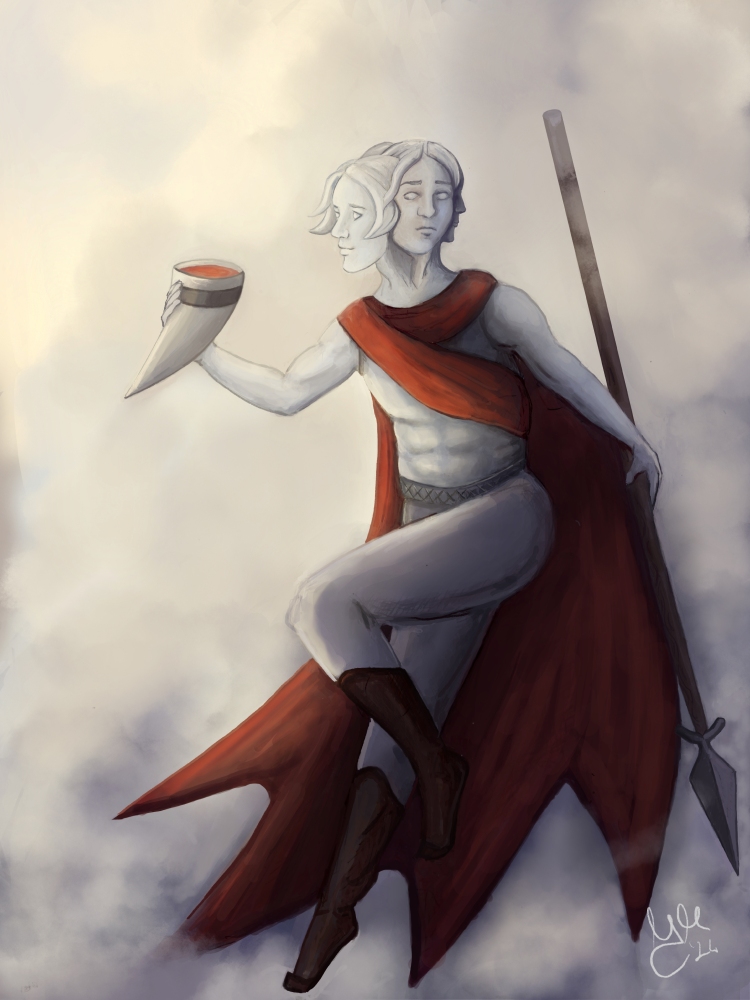 Svetovid, a Slavic god often depicted with multiple aspects, shown as a four-faced figure holding a horn and spear, standing in a misty, ethereal setting.