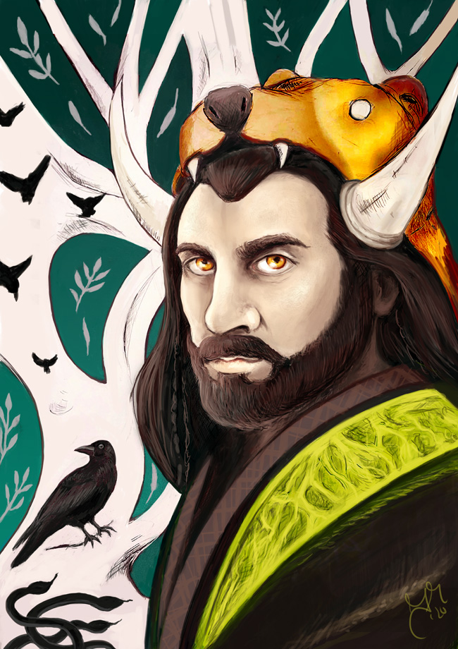 Veles, Slavic god of the underworld, magic, and nature, depicted as a horned man wearing a bear headdress, surrounded by ravens and forest symbols.