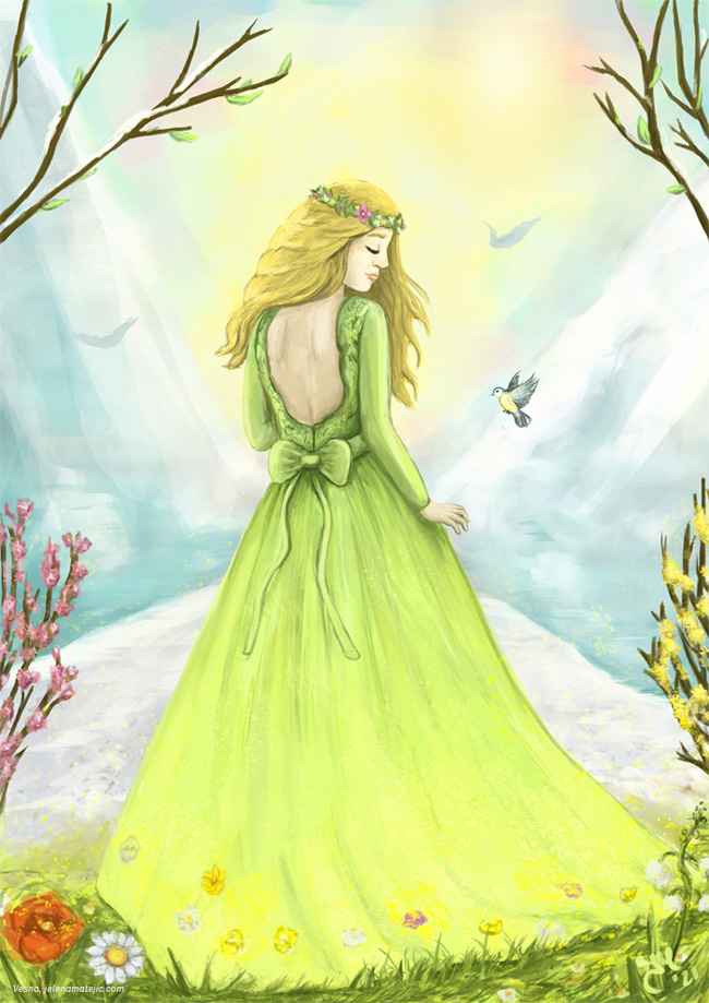 Vesna, Slavic goddess of spring, depicted as a young woman in a flowing green dress surrounded by flowers, birds, and soft morning light in a blooming landscape.