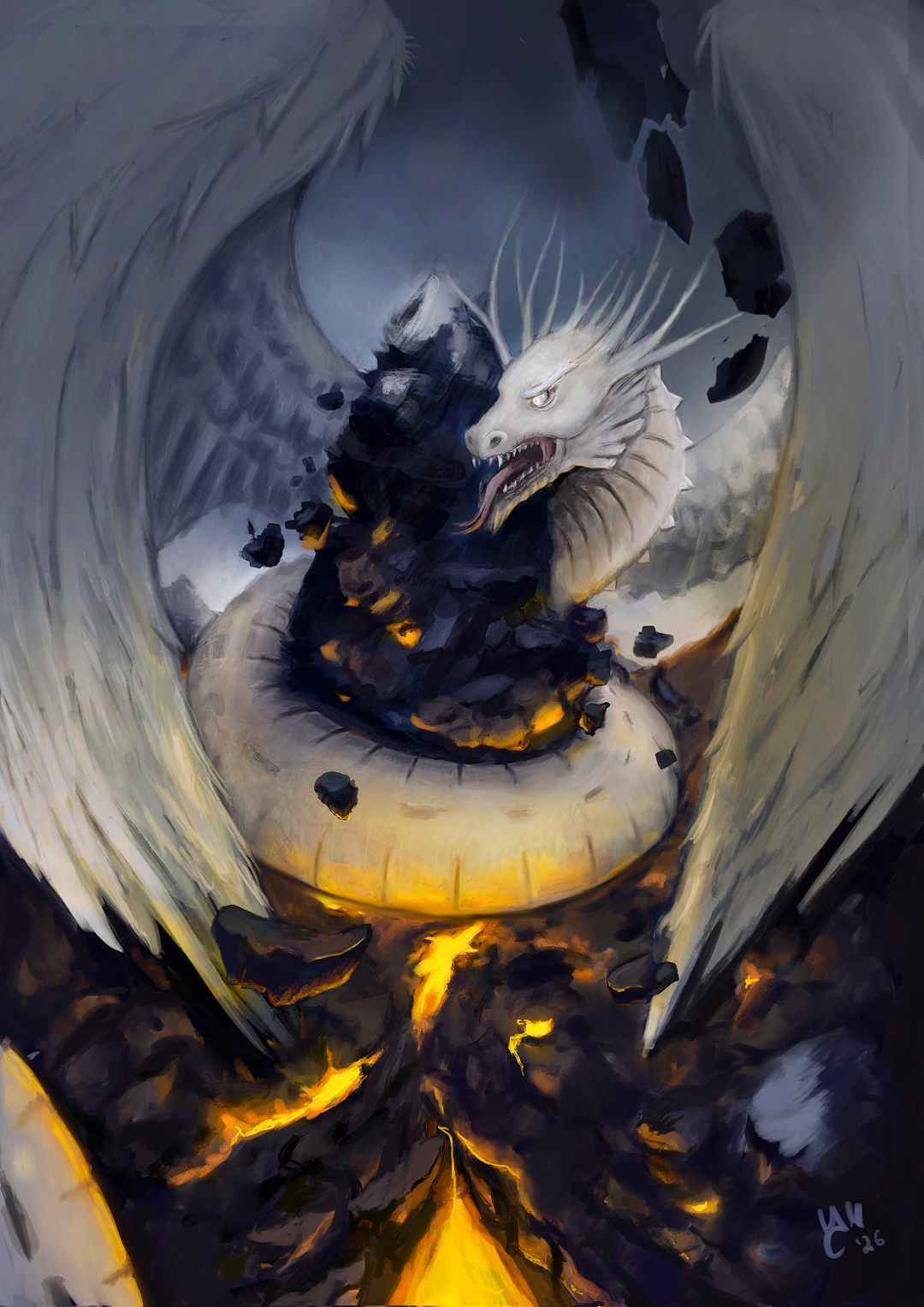 Zmey, a serpent-like dragon of Slavic folklore, coiled within a mountain as lava and stone fracture around him.